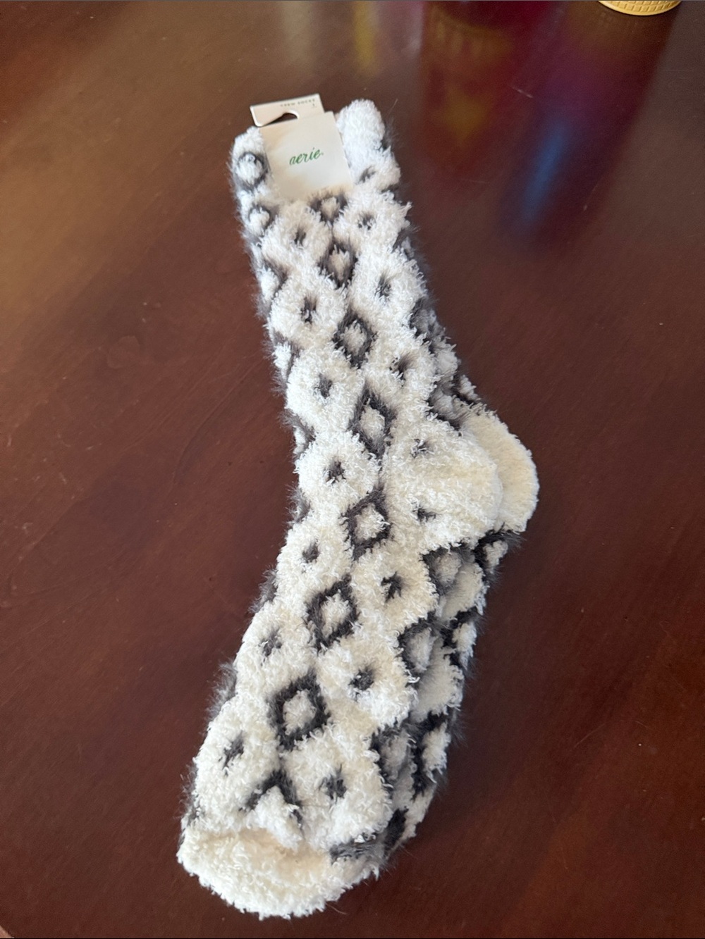 aerie Cream and Black Fuzzy Diamond Socks